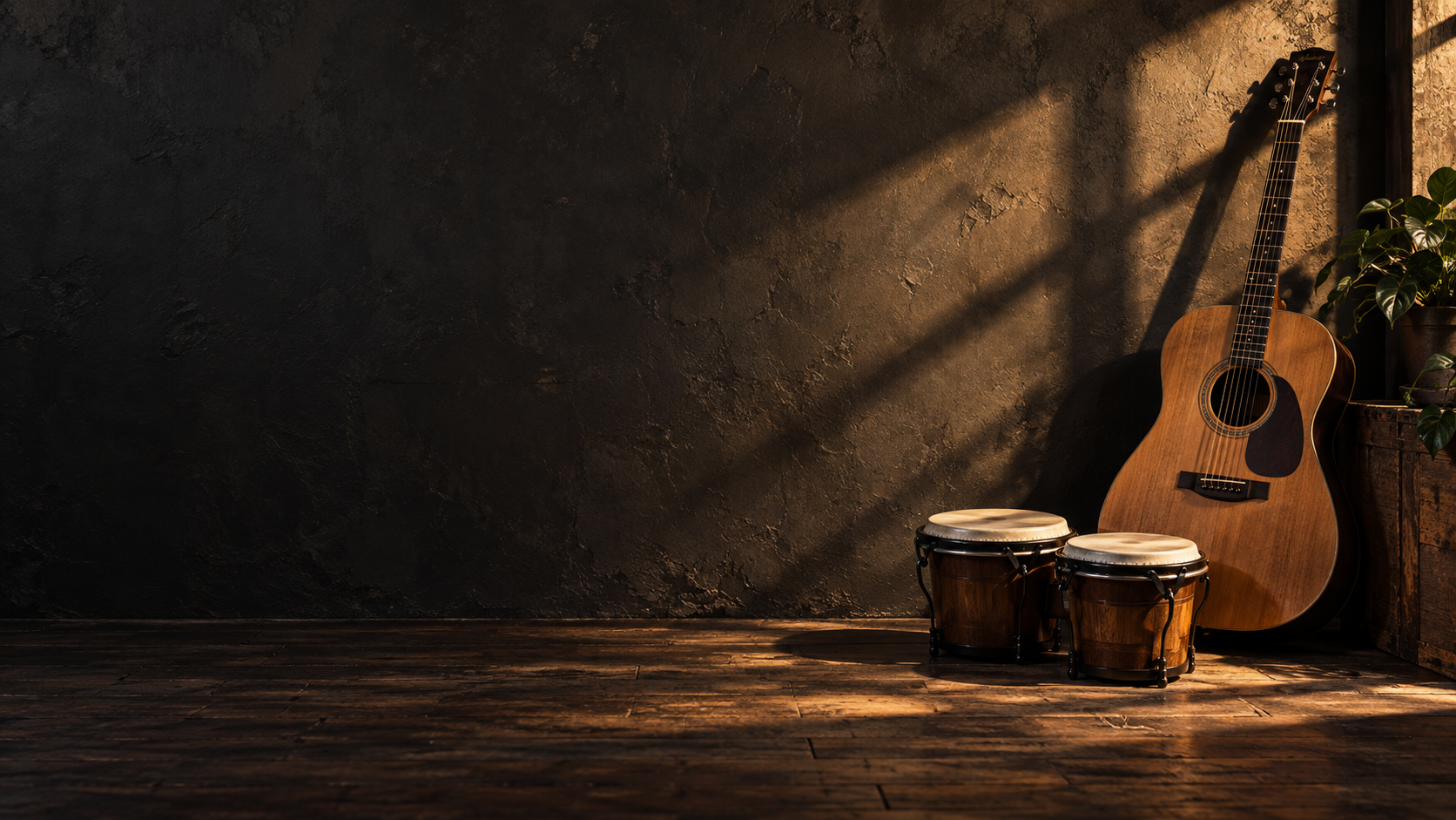 Acoustic guitar and hand drums in a warmly lit studio